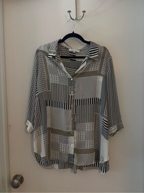 Patchwork Print Button-Up Blouse in Black & Tan